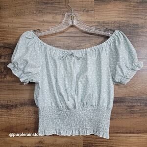 Romwe Crop Top M Floral Smocked Puff Sleeve Tie Accent Ethereal Country Girl